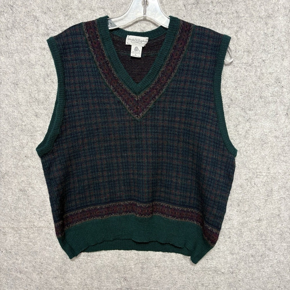 VTG Tricots St Raphael Sweater Vest L Pure New Wool Plaid Grandpa Academia - Picture 2 of 8